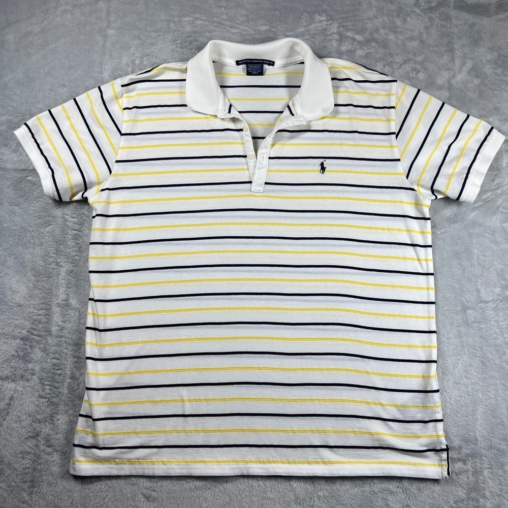 Vintage Ralph Lauren Golf Womens White Striped Short Sleeve Polo Shirt Large
